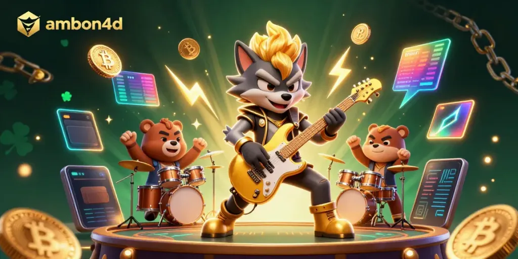 Engage with ambon4d through thrilling 3D illustration of a rock star wolf and drummer bear on a casino stage.