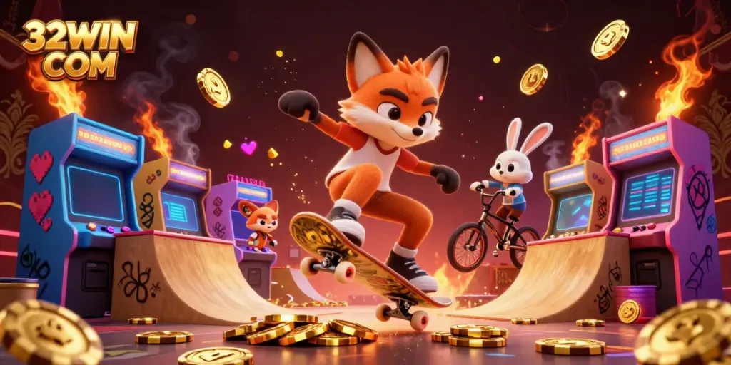 Engage with vibrant gameplay at 32WIN COM as a 3D skateboarder fox performs tricks in a casino environment.