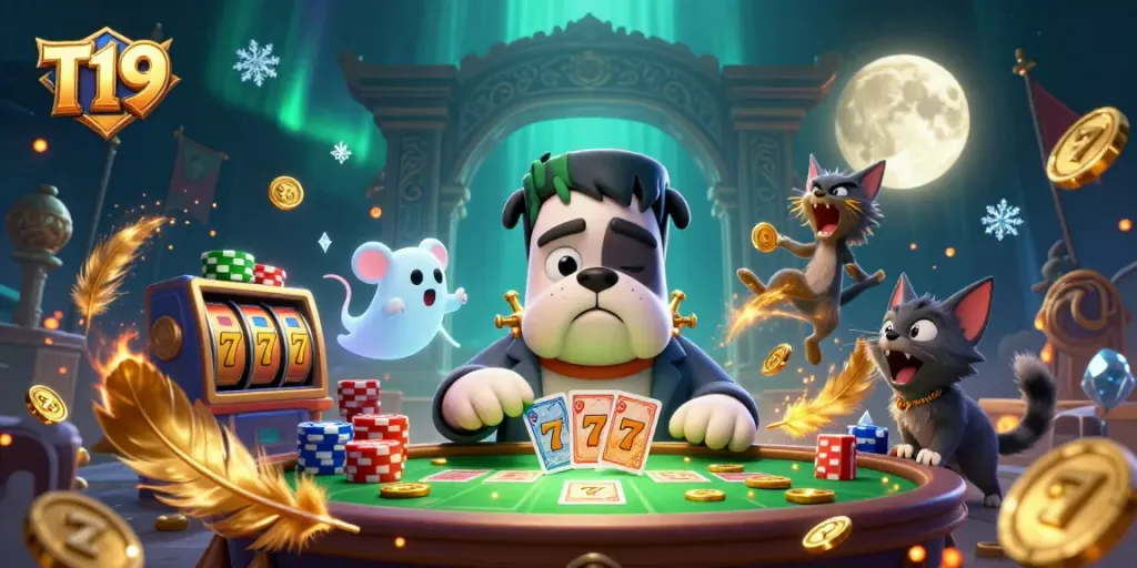 T19 offers thrilling casino experiences with a vibrant 3D dog dealer, slot reels, and ghostly elements.