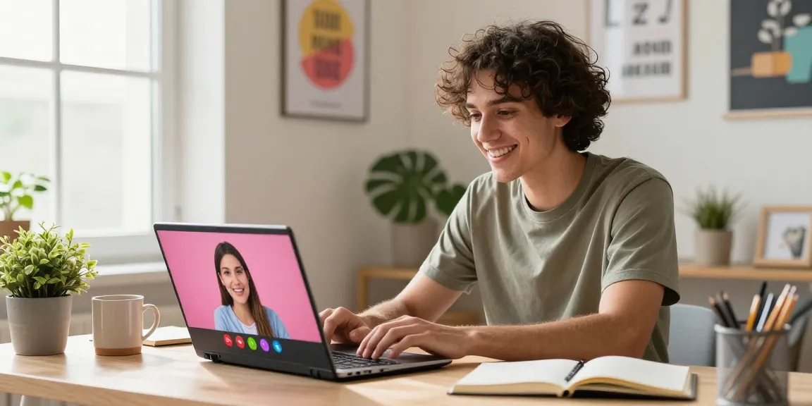 Connect instantly with real people through pink video chat on a cozy laptop setup.