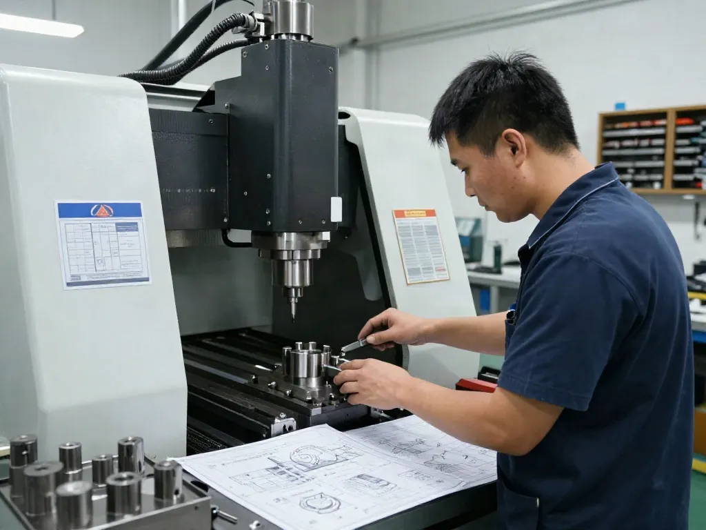 CNC machining parts manufacturer operating precision equipment in workshop.