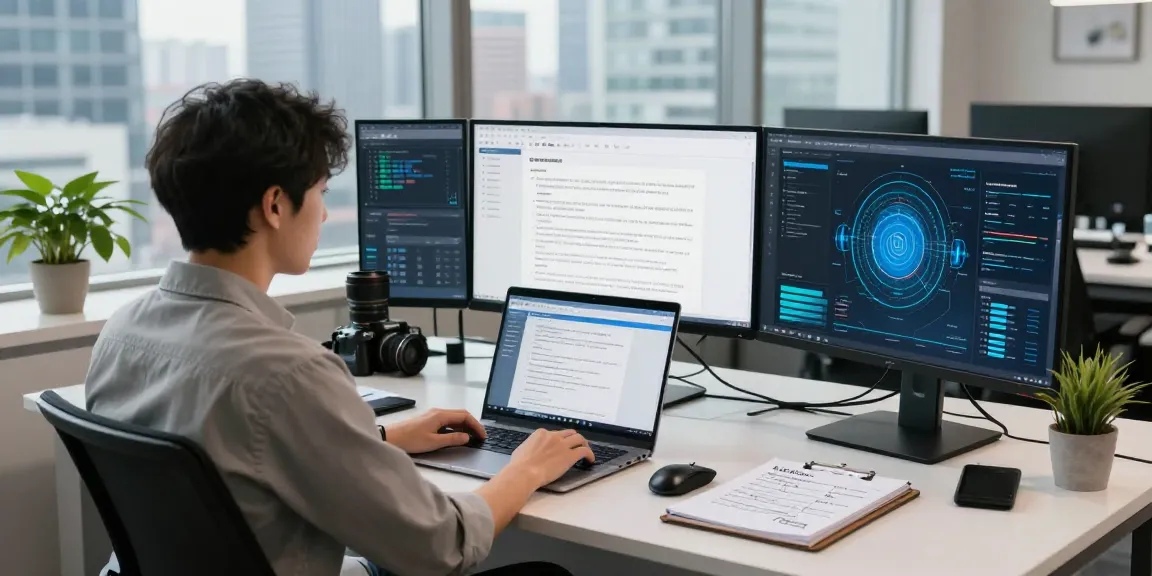 Data analyst using document fraud detection software in a modern office.