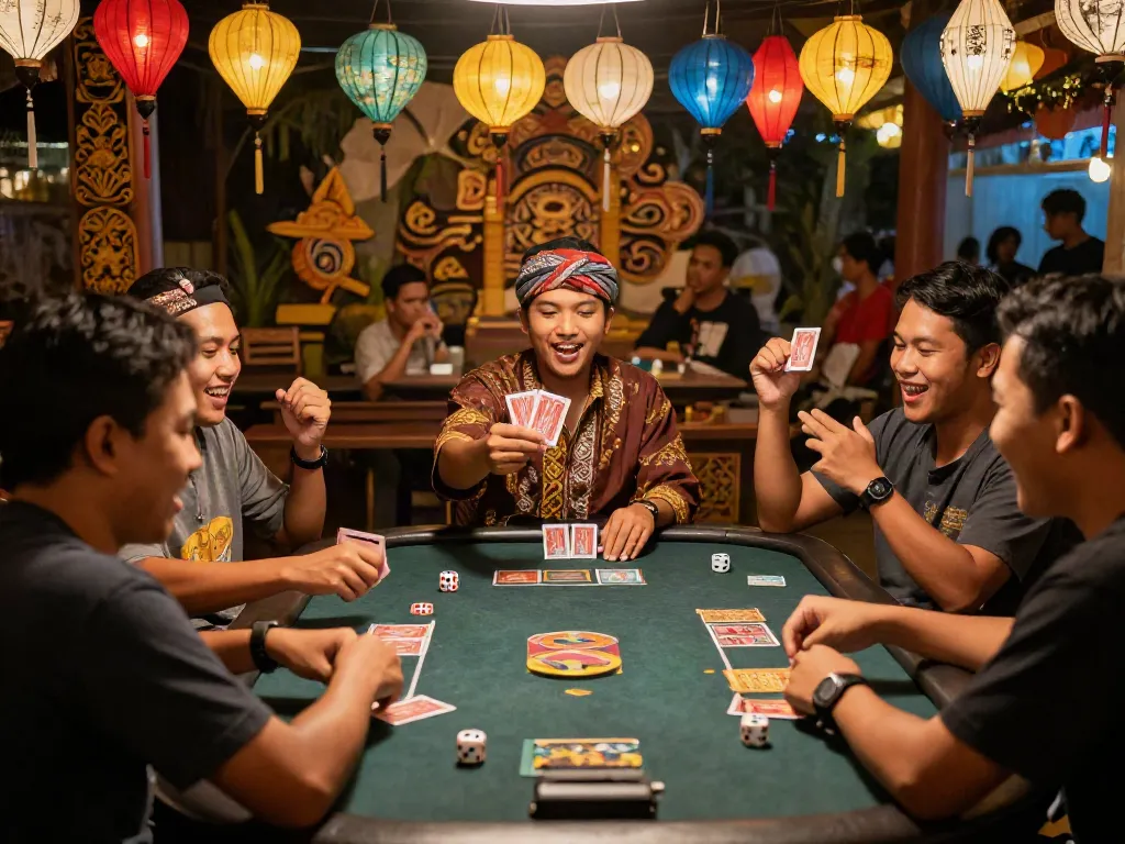 Ratutogel: suasana meriah perjudian dengan pemain yang bahagia dan dealer berdiri di meja permainan.