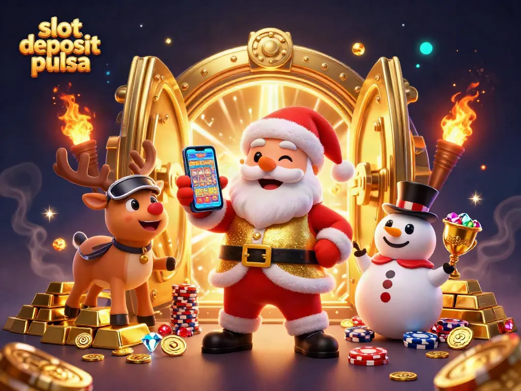 Engage in slot deposit pulsa gaming with a festive 3D Santa and his eclectic friends in a vibrant casino scene.