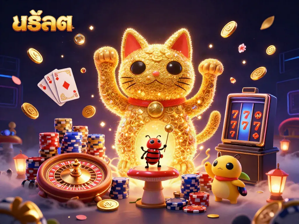 Engage in thrilling slots action with cascading coins and a vibrant lucky cat in the casino atmosphere.