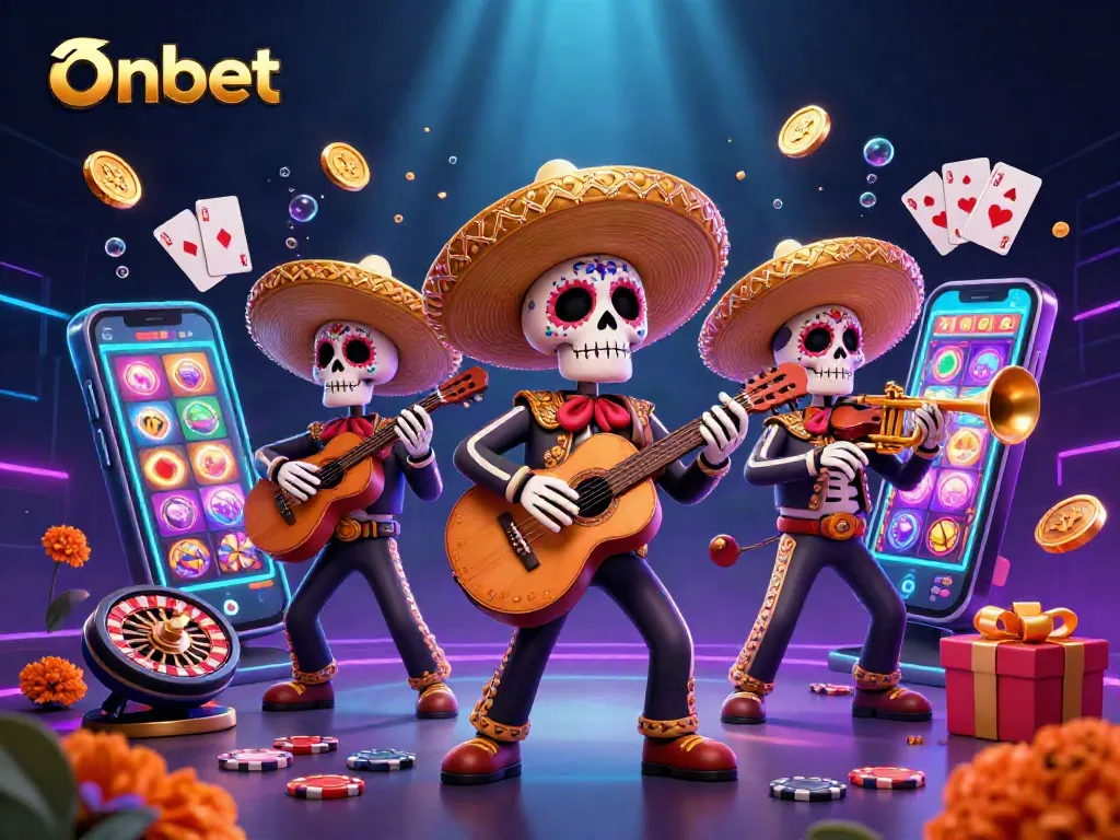 Experience Onbet's vibrant casino action with witty mariachi skeletons amidst thrilling games.