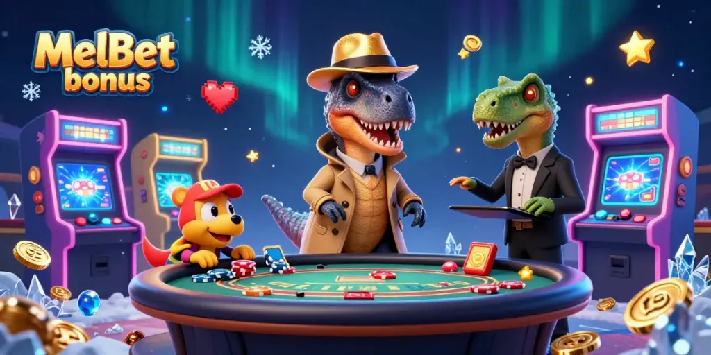 Engage with the MelBet bonus through an exciting casino scene featuring animated dinosaurs.