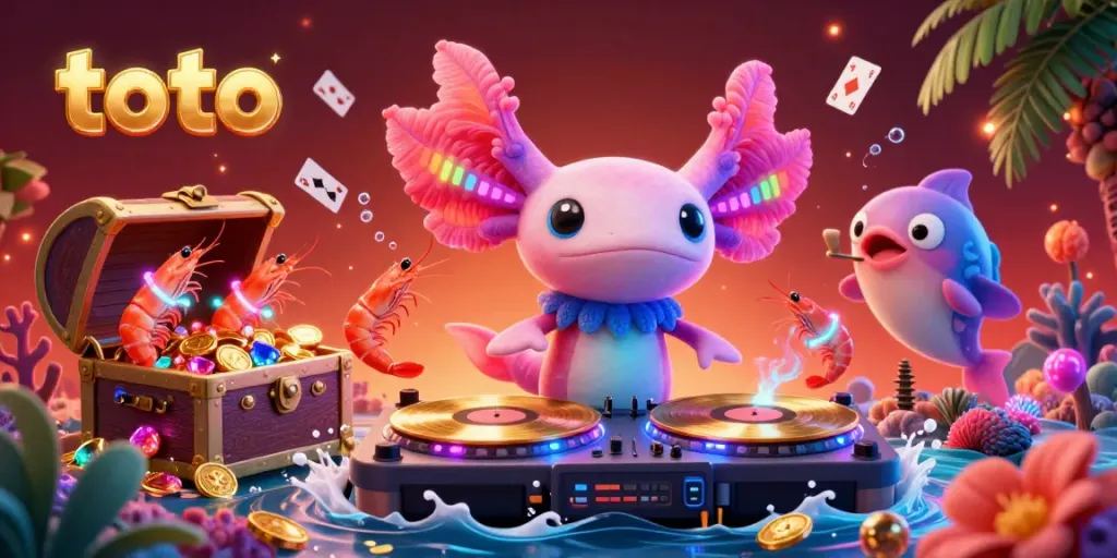 Experience exciting toto gameplay with a vibrant neon axolotl DJ spinning records amidst underwater treasures.