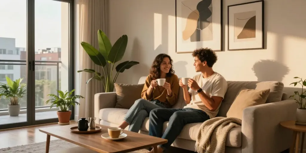 New launch condo living room with a couple enjoying their cozy urban space, featuring modern decor and natural light.