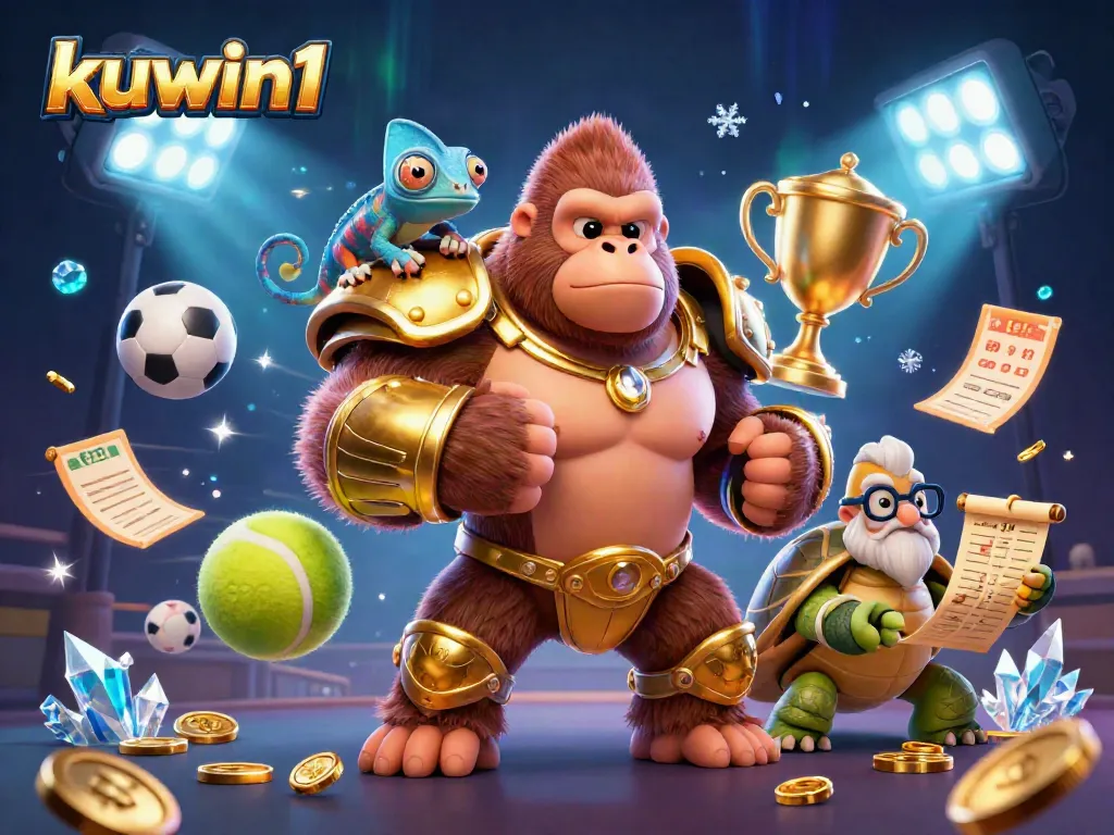 Kuwin1 players engaging with action-packed gambling, featuring a dynamic gorilla king and vibrant sports elements.
