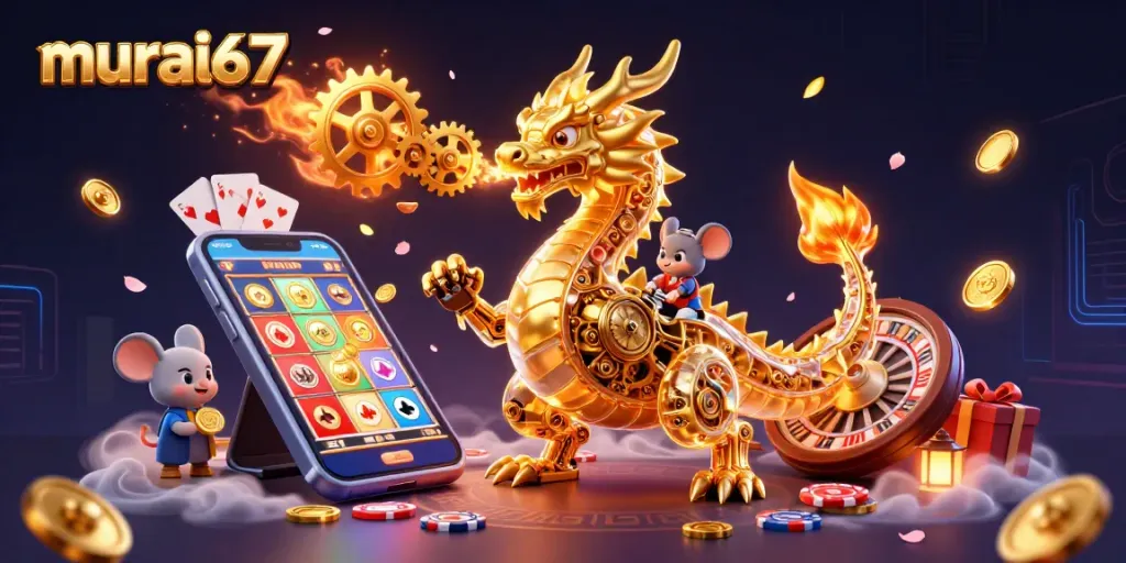 Engage in thrilling games at murai67 while witnessing a golden dragon amidst captivating casino elements.