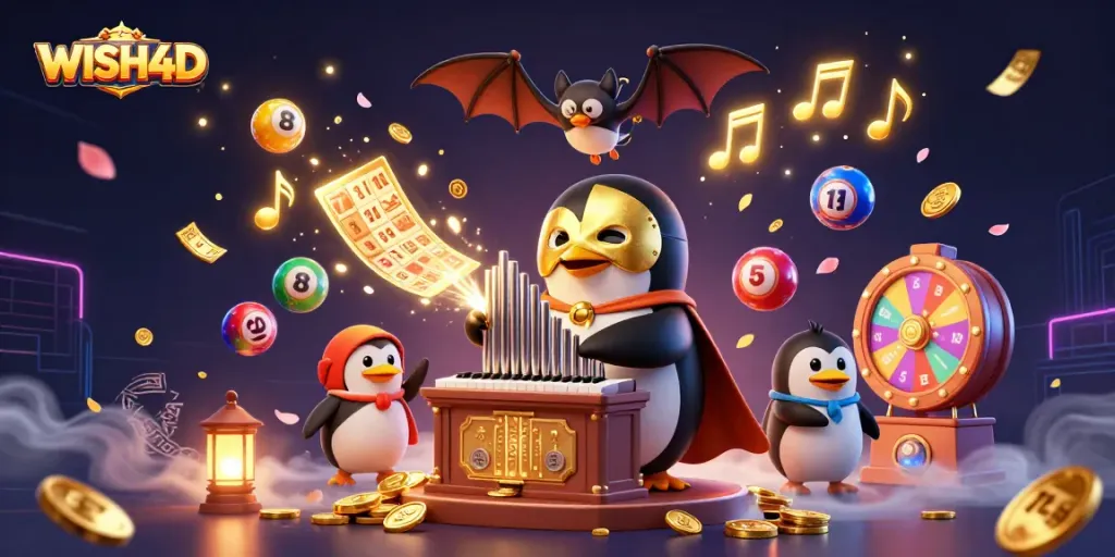Experience the excitement of WISH4D with a vibrant scene of animated characters and colorful casino elements.