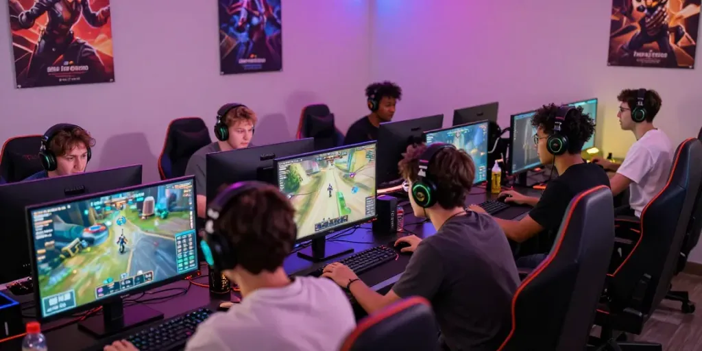Exciting gaming session with players focused on situs hargatoto, vibrant atmosphere enhanced by LED lights and high-tech equipment.
