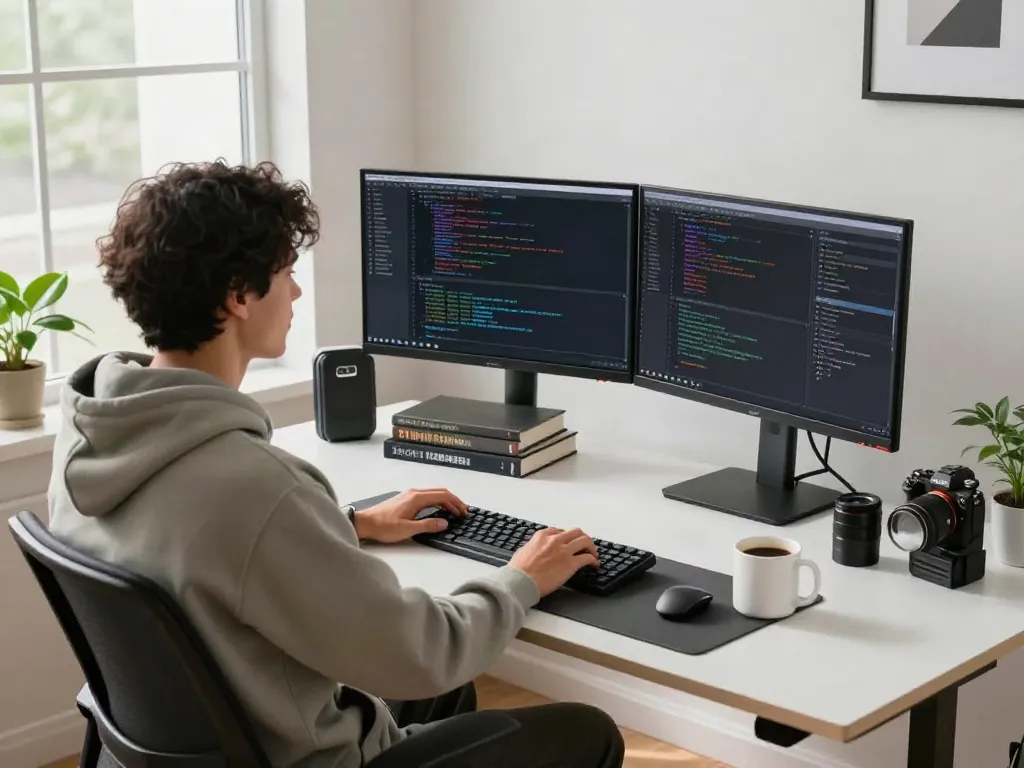Pengembang menggunakan PG server dalam ruang kerja modern dengan perangkat teknologi canggih.