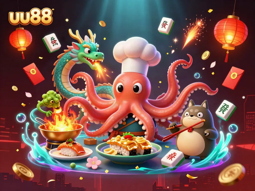 Experience thrilling gameplay at uu88 with a dynamic casino scene featuring a sushi chef octopus and dragon.