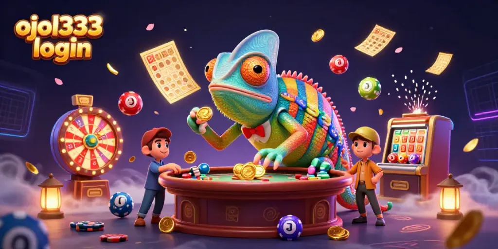 Experience vibrant ojol333 login gameplay with a colorful chameleon and lottery elements.