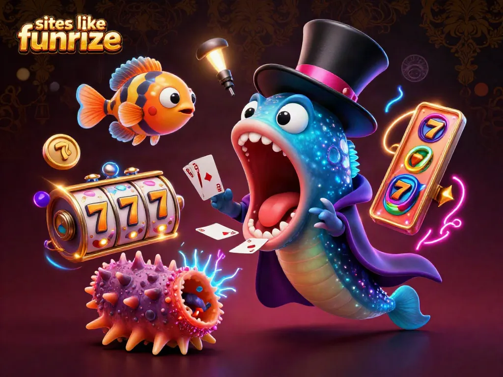 Engage with thrilling games like Funrize at this vibrant 3D casino scene featuring colorful characters and elements.