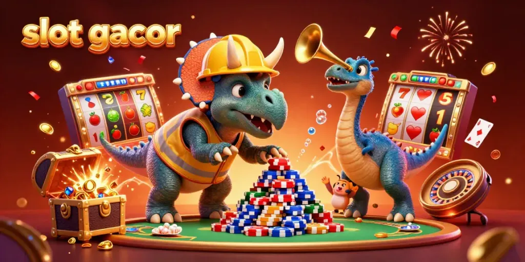 Cheerful scene of a triceratops and parasaurolophus celebrating slot gacor wins with vibrant gambling elements.