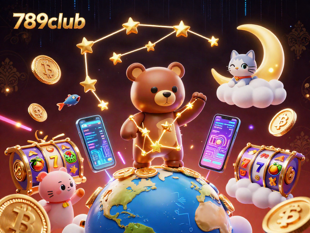 Engaging gameplay at 789club, featuring a constellation bear collecting coins amidst bright slot game visuals.