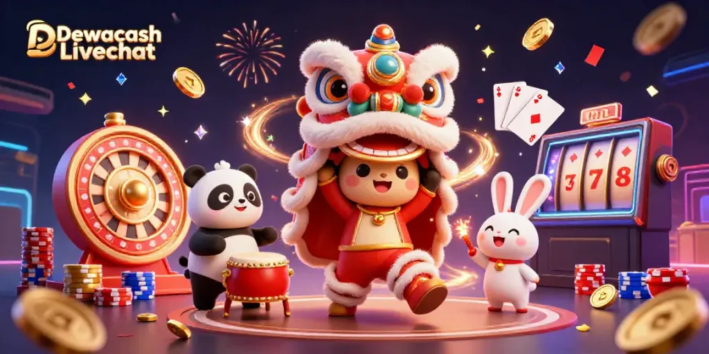 Engage with Dewacash Livechat while surrounded by vibrant casino elements and festive characters.