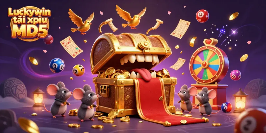 Engage in thrilling gameplay with Luckywin tài xỉu MD5's vibrant lottery scene featuring colorful balls and treasure.