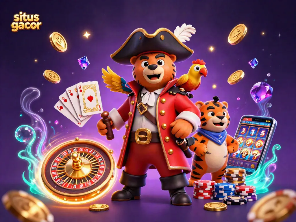 Experience situs gacor with a vibrant 3D scene featuring a pirate captain bear and gambling elements.