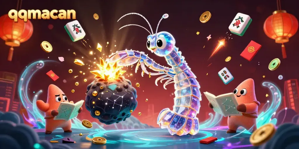 Engaging scene with the qqmacan character exploding asteroids to shower gems and coins, as vibrant gaming elements surround.