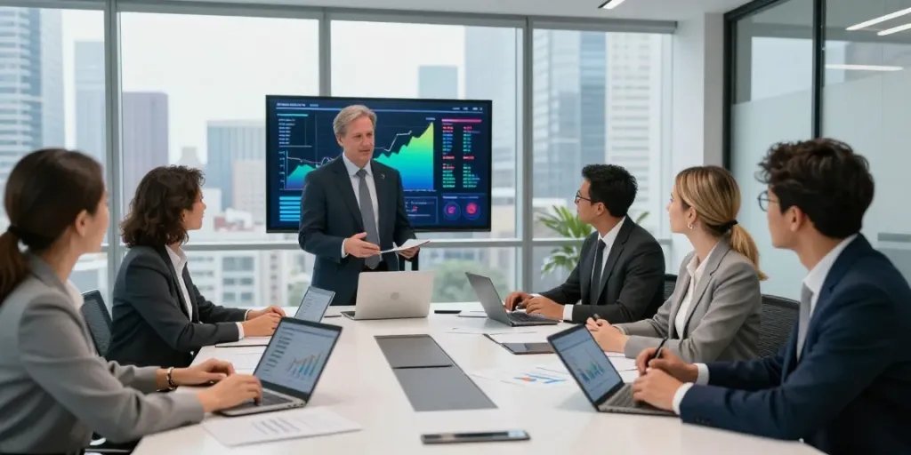 Mark Litwin of Marrisa Holdings leading a strategic meeting in an office filled with engaged team members and analytics displays.