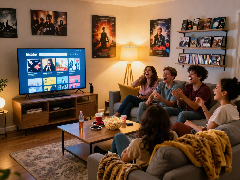 Friends watching movies using the Moviebox app in a cozy living room