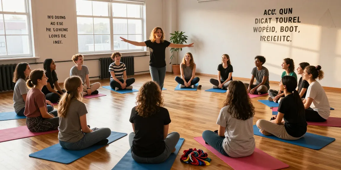 Beginner improv class in a vibrant studio with diverse participants engaging in warm-up exercises.