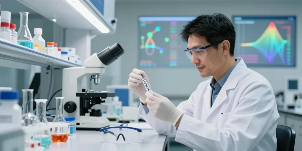 Buy Ipamorelin online as a lab technician tests research peptides in a modern laboratory.