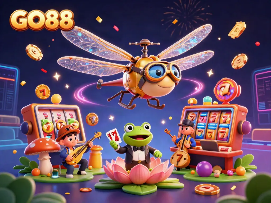 Experience dynamic gaming action at GO88 with a lively dragonfly pilot and frog croupier amidst colorful casino elements.