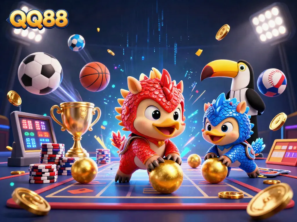 Engage with QQ88's thrilling betting action, featuring dynamic pangolins and vibrant casino elements.