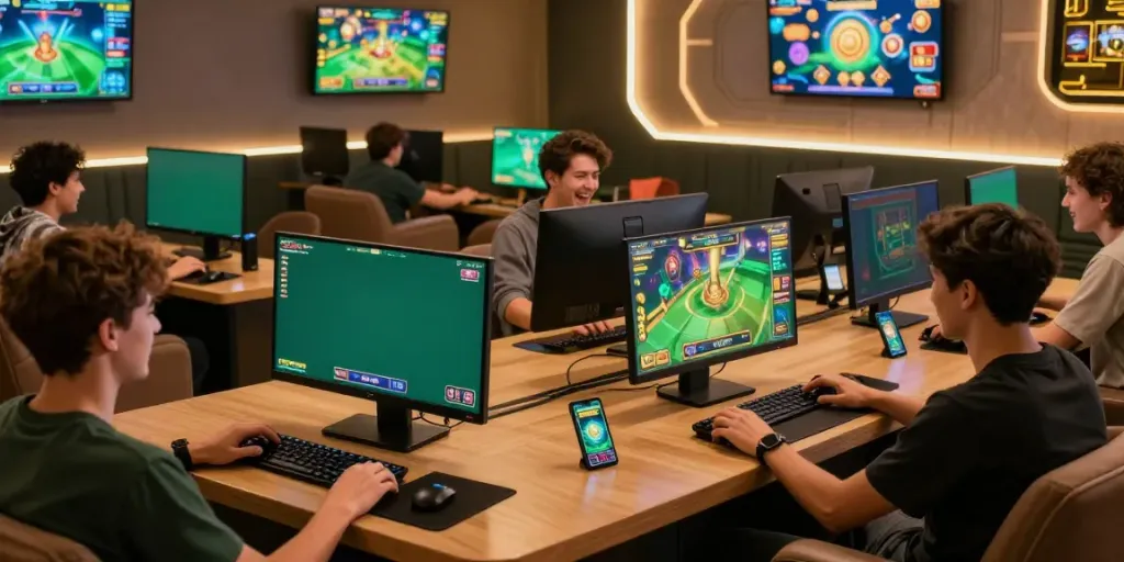 PESGSLOT gaming clinic with players enjoying modern slot games in a vibrant lounge.