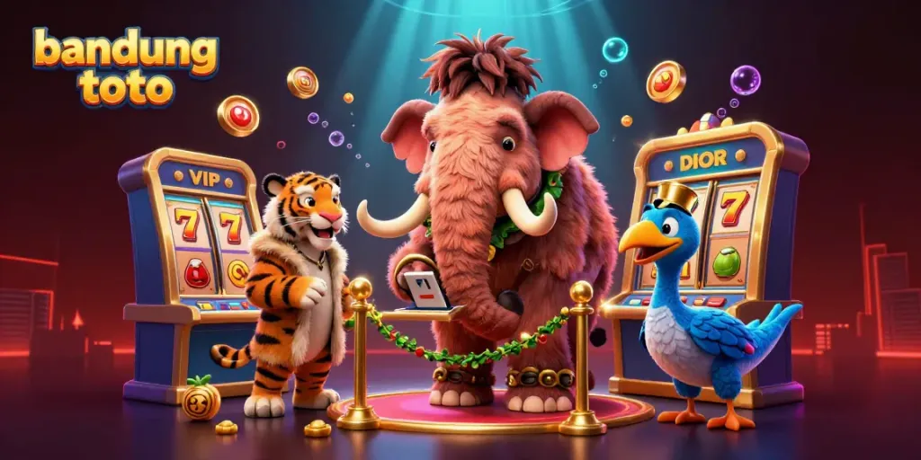 Experience the excitement of bandung toto with a lively illustration of a casino scene featuring a bouncer, VIP guest, and vibrant game elements.