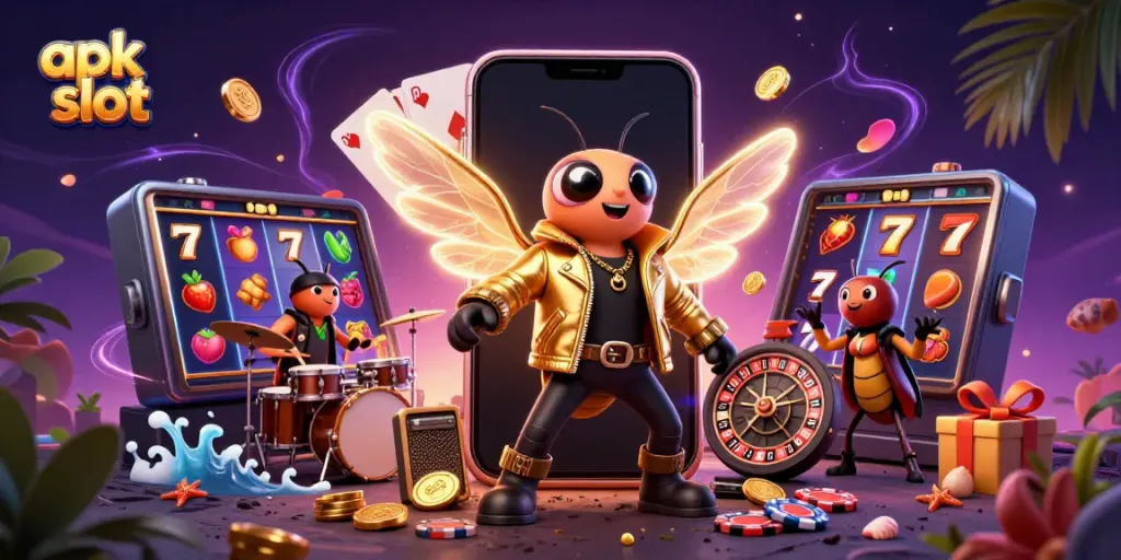 Engage with exciting apk slot games as vibrant characters animate a dynamic casino scene.