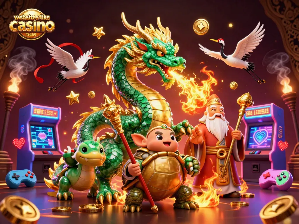 Engage with the dynamic scene showcasing websites like cafe casino featuring a jade dragon and colorful gaming elements.