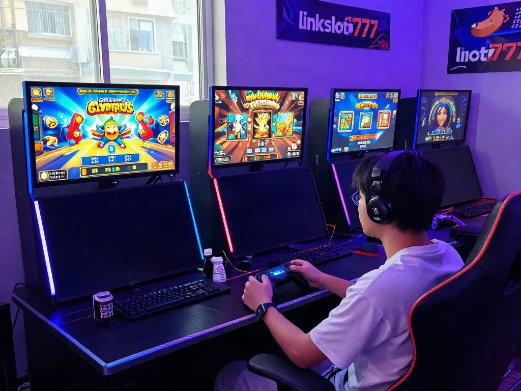 Engaged player enjoying slot games on multiple screens with link slot777 offers visible
