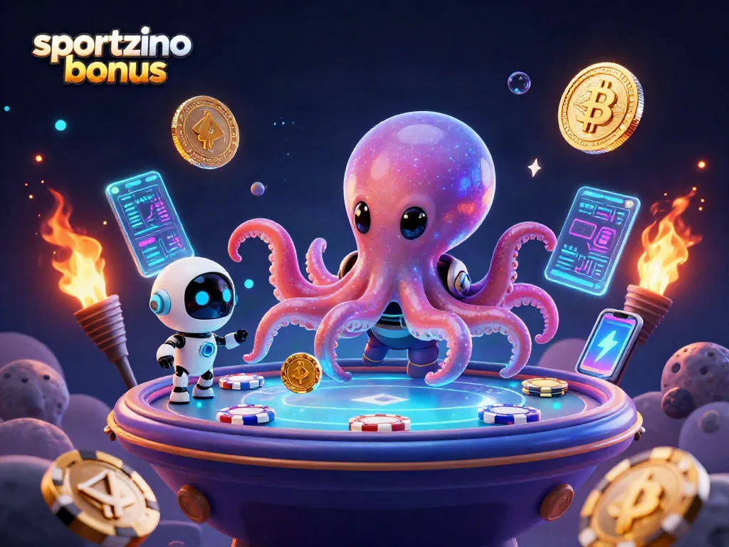 Engage with the sportzino bonus using colorful 3D poker-themed alien characters and crypto elements.