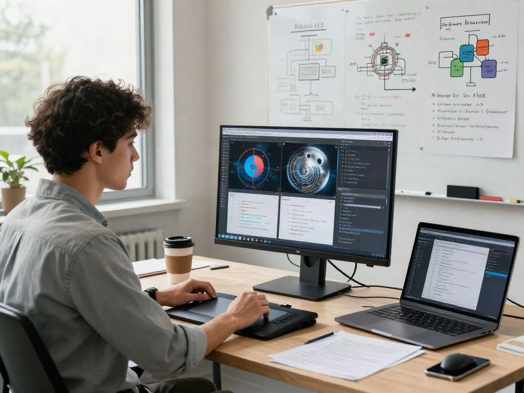 AI Image Detection analysis in a modern tech workspace with monitors and data.