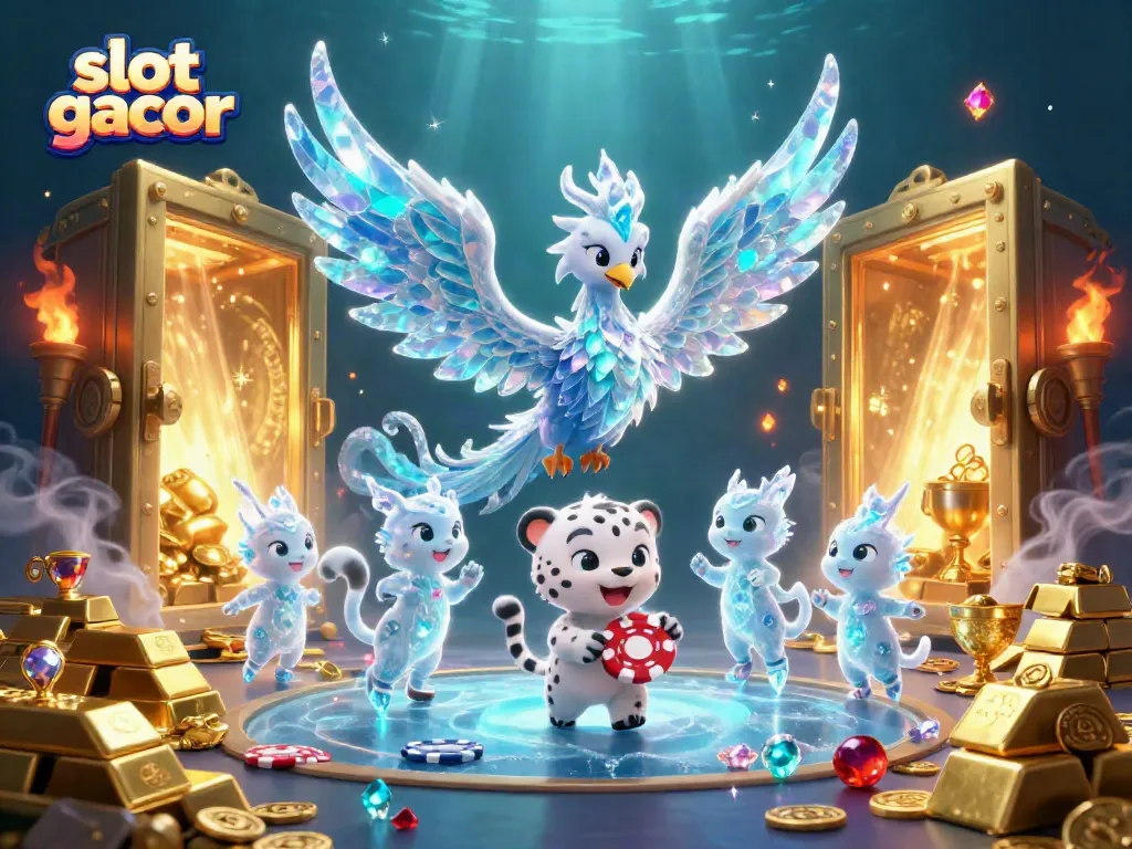Experience the thrill of slot gacor with an enchanting 3D ice phoenix amidst shimmering riches.
