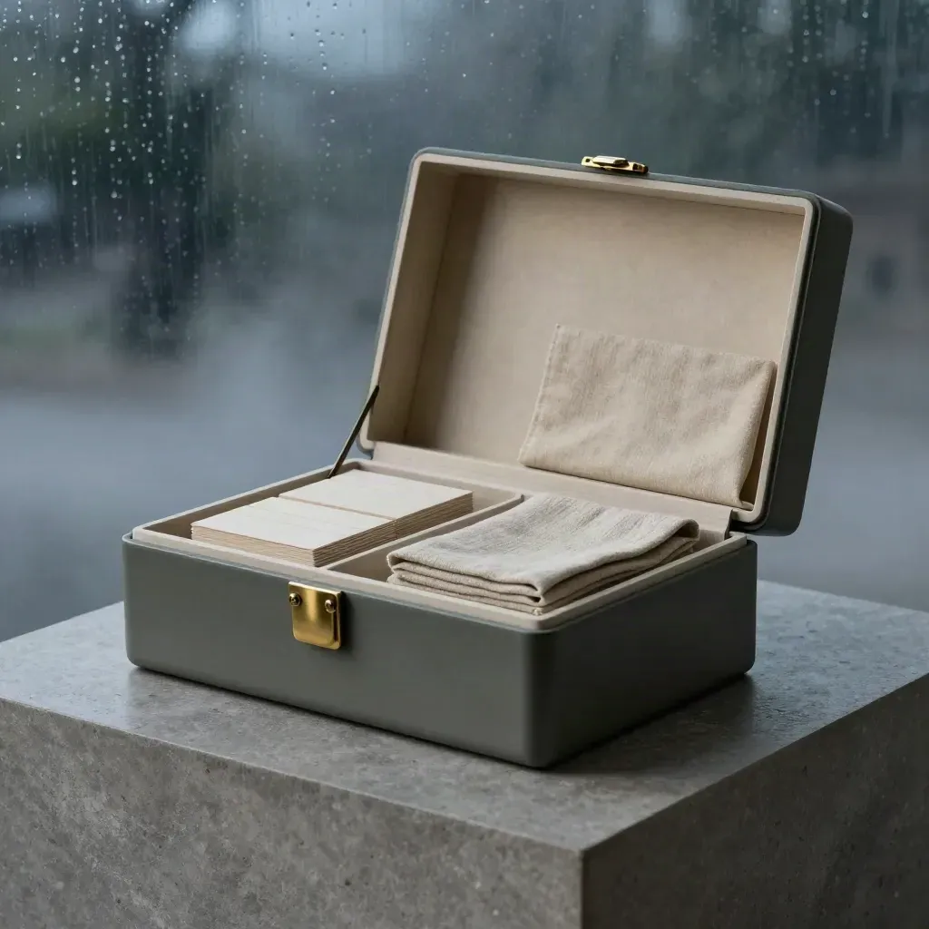 Open prompt vault case with card stacks, linen sleeve, and brass clip on stone.
