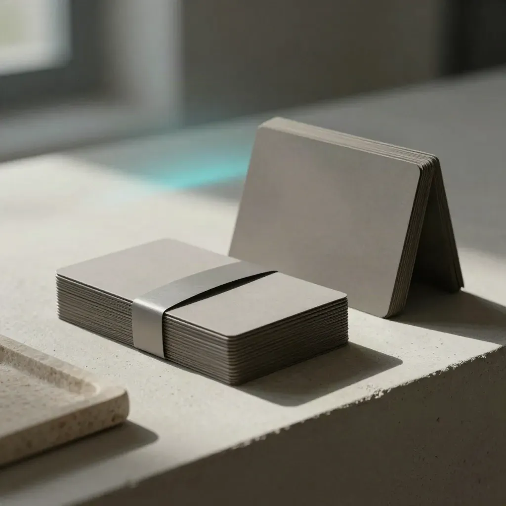 Sealed prompt bundles, blank cards, and a stone tray in a hazy loft with soft daylight.