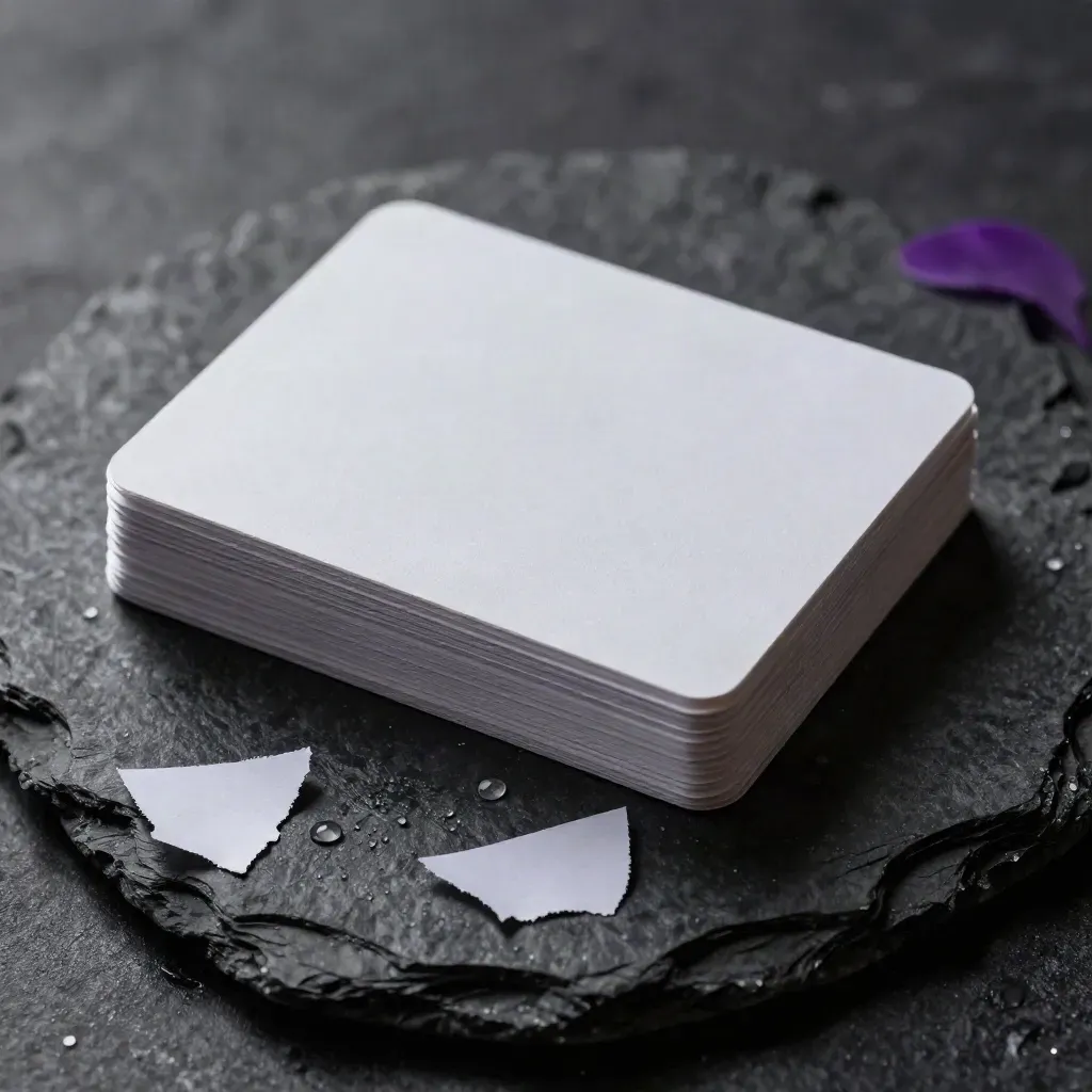 Frosted prompt pack hovering above wet charcoal stone with blank cards and a divider strip.