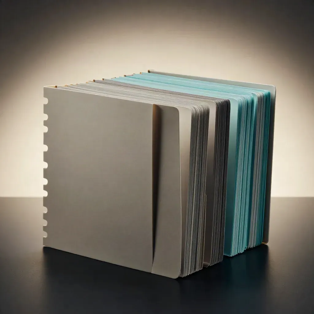 Ivory prompt card folder snaps open on a dark studio surface with cyan rim light.