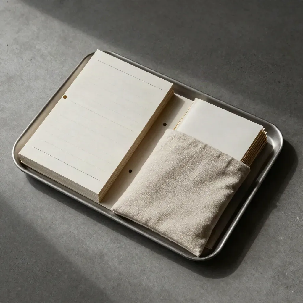 Overhead organizer tray with prompt cards and a folded linen pouch on concrete