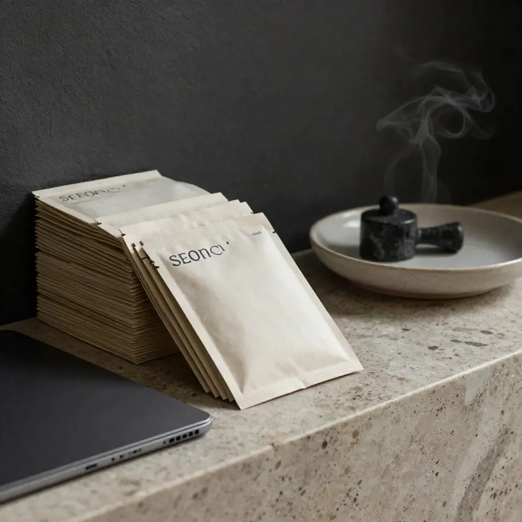 SEO prompt packets beside a tablet and ceramic tray on a travertine ledge.