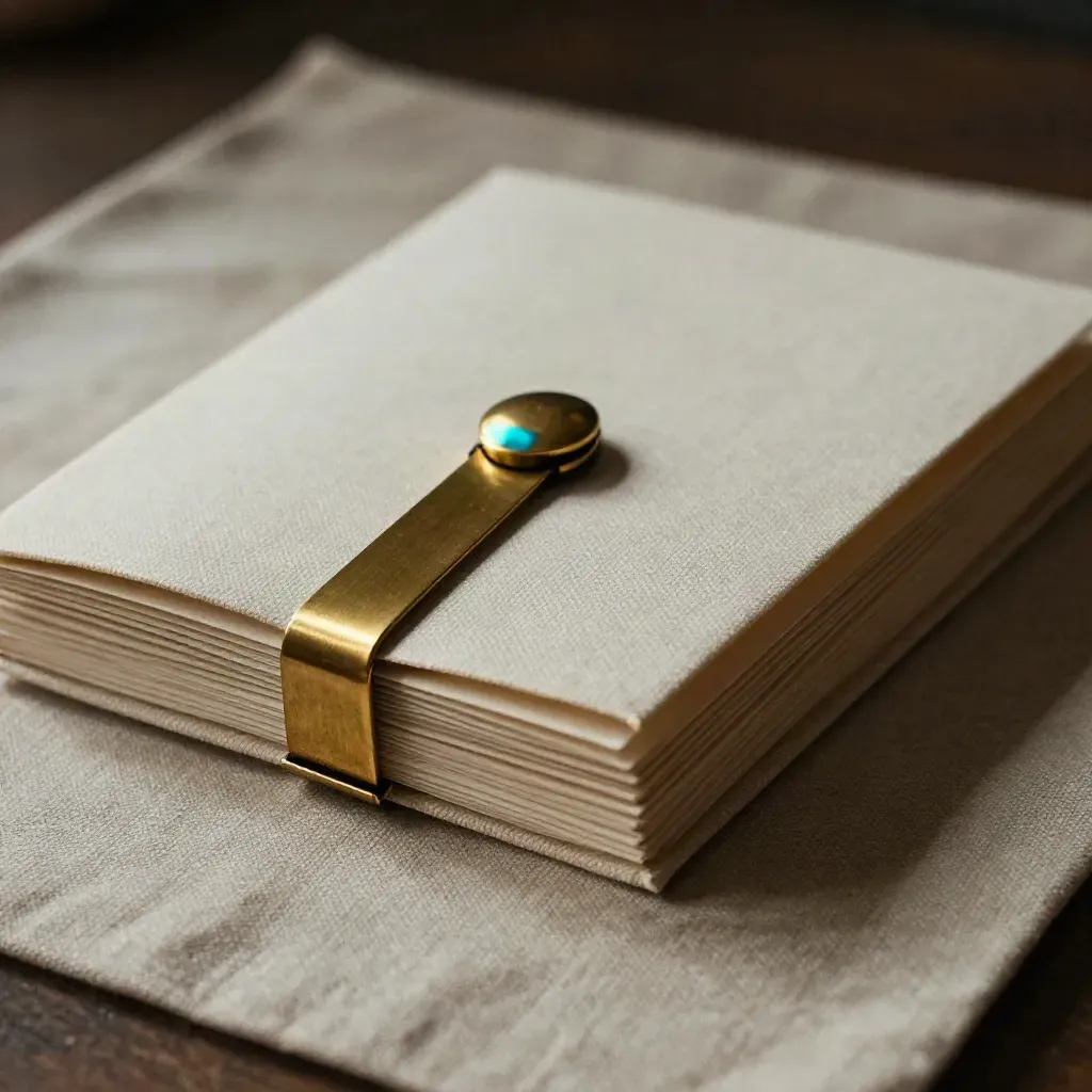 Cream linen quote packet with brass clasp half-open on folded canvas, low-angle macro close-up.