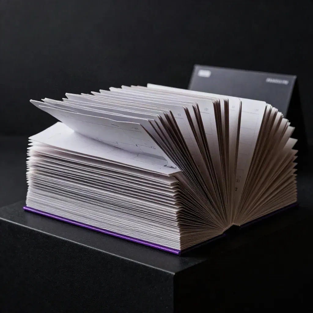Fanned content calendar deck on a dark studio surface with violet rim light and haze