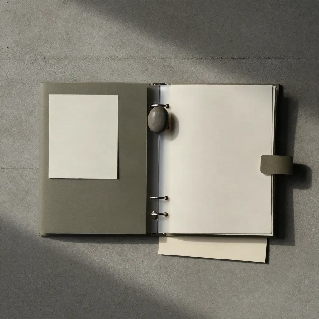 Overhead flatlay of a research prompt deck with note slips, dividers, and a pebble weight on concrete.